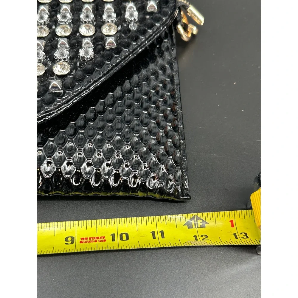 Black Studded Clutch Wristlet Crossbody Bag Rhinestone Snake Embossed Gold Purse